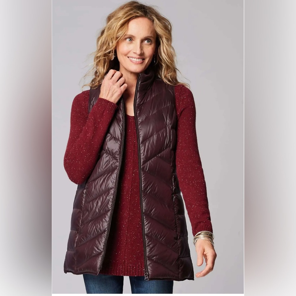 J. Jill Down Vest Wine Red Duck Down Side Zip Women’s Large Tall